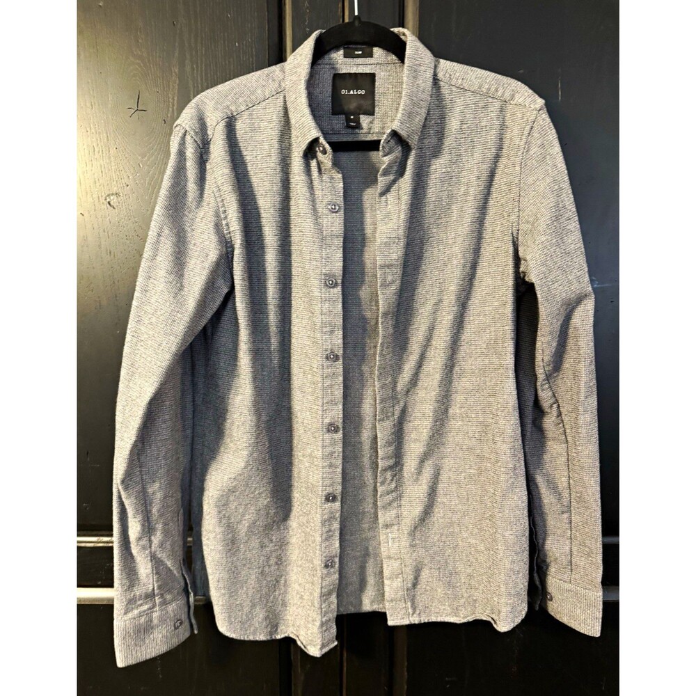 01.ALGO Men's Gray Cotton Solid Button-Up Shirt M Slim Fit Long Sleeve